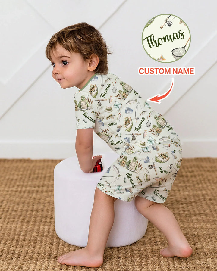 Custom Name Fishing Day Daddy & Me Matching Bamboo Two Piece Short Sleeve Shorts Pajama Set