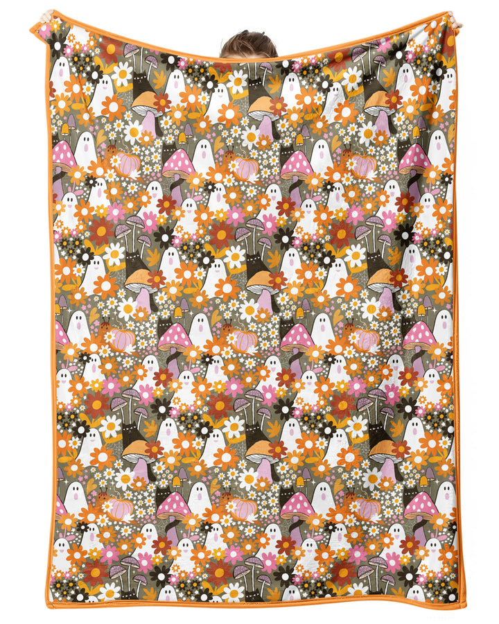 Retro Ghost Mushroom Floral Halloween Bamboo Blanket