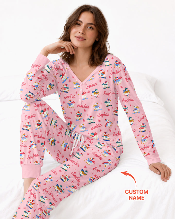 Custom Name Skiing Goose Bamboo Women Pajama Set
