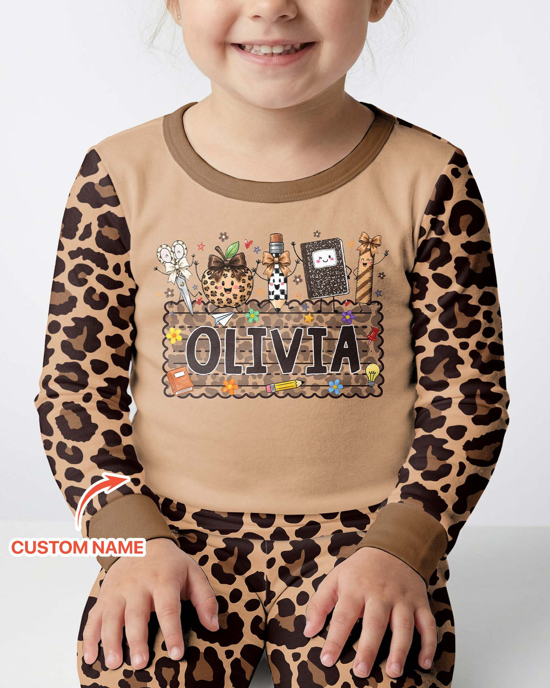 Custom Name School Sweetheart Leopard Bamboo Two Piece Long Sleeve Pajama Set