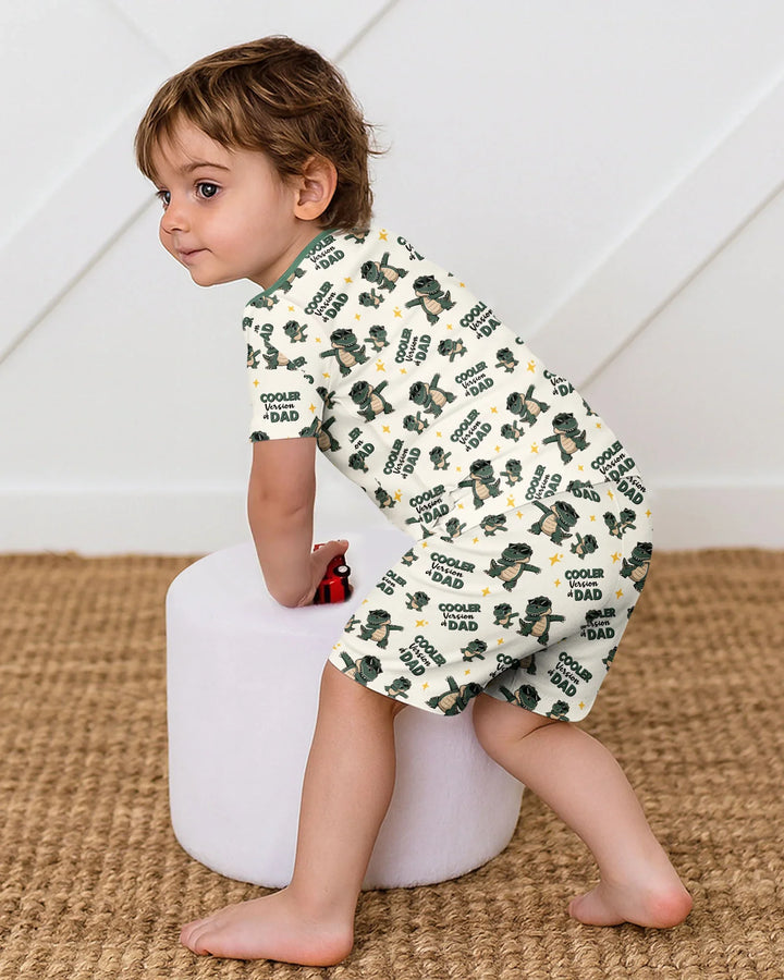 Genial conjunto de pijama de dos piezas de bambú de manga corta y pantalón corto a juego para papá y yo con diseño de dinosaurio.