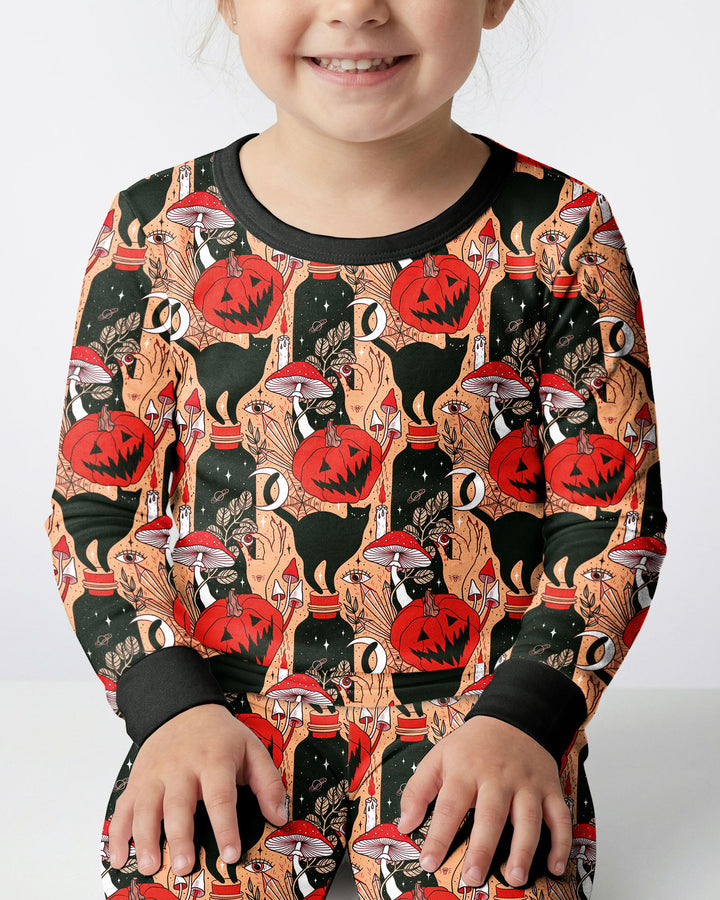 Black Cat And Pumpkin Halloween Bamboo Two Piece Long Sleeve Pajama Set