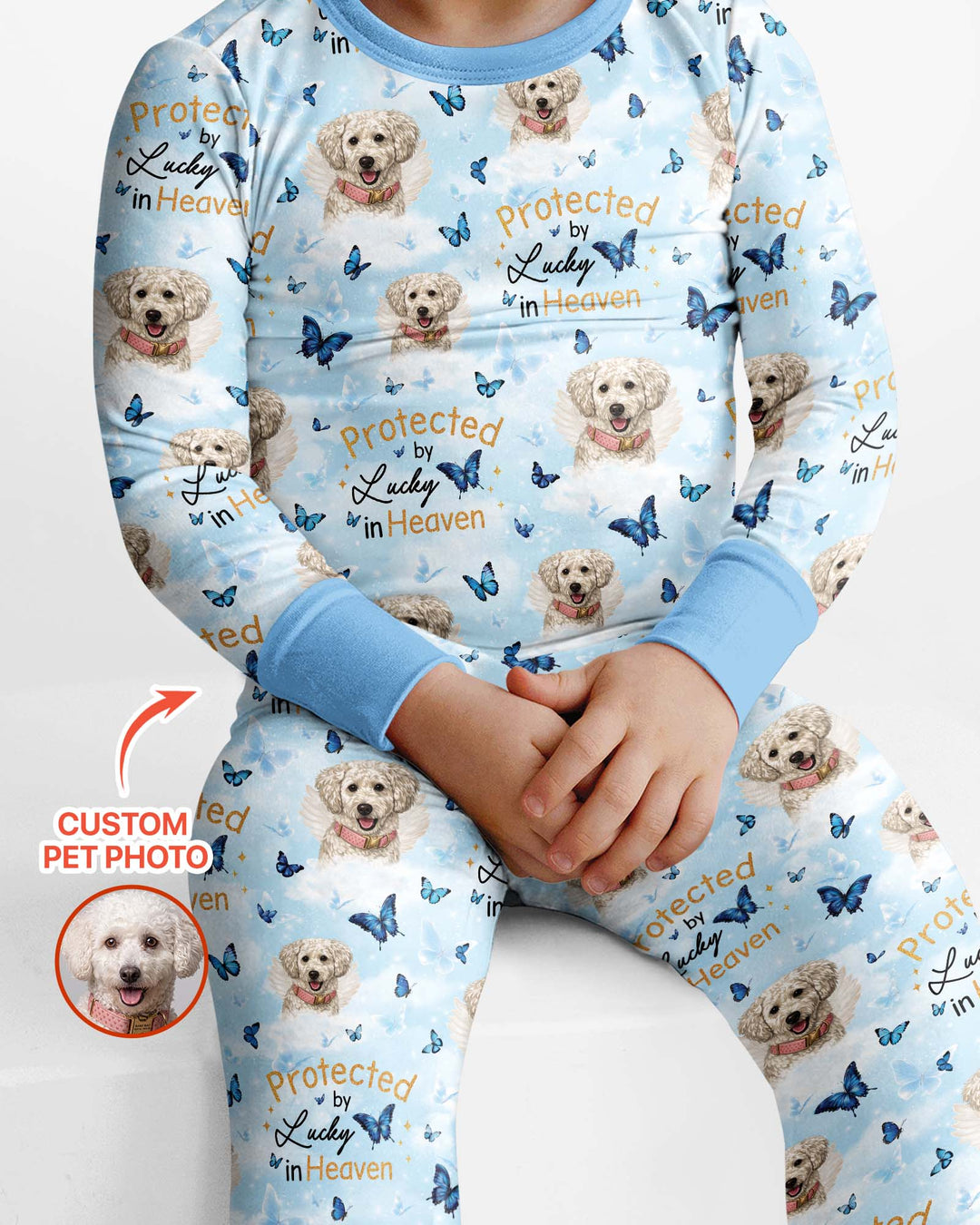 Custom Pet Photo Protected By Heaven Family Matching Bamboo Two Piece Long Sleeve Pajama Set