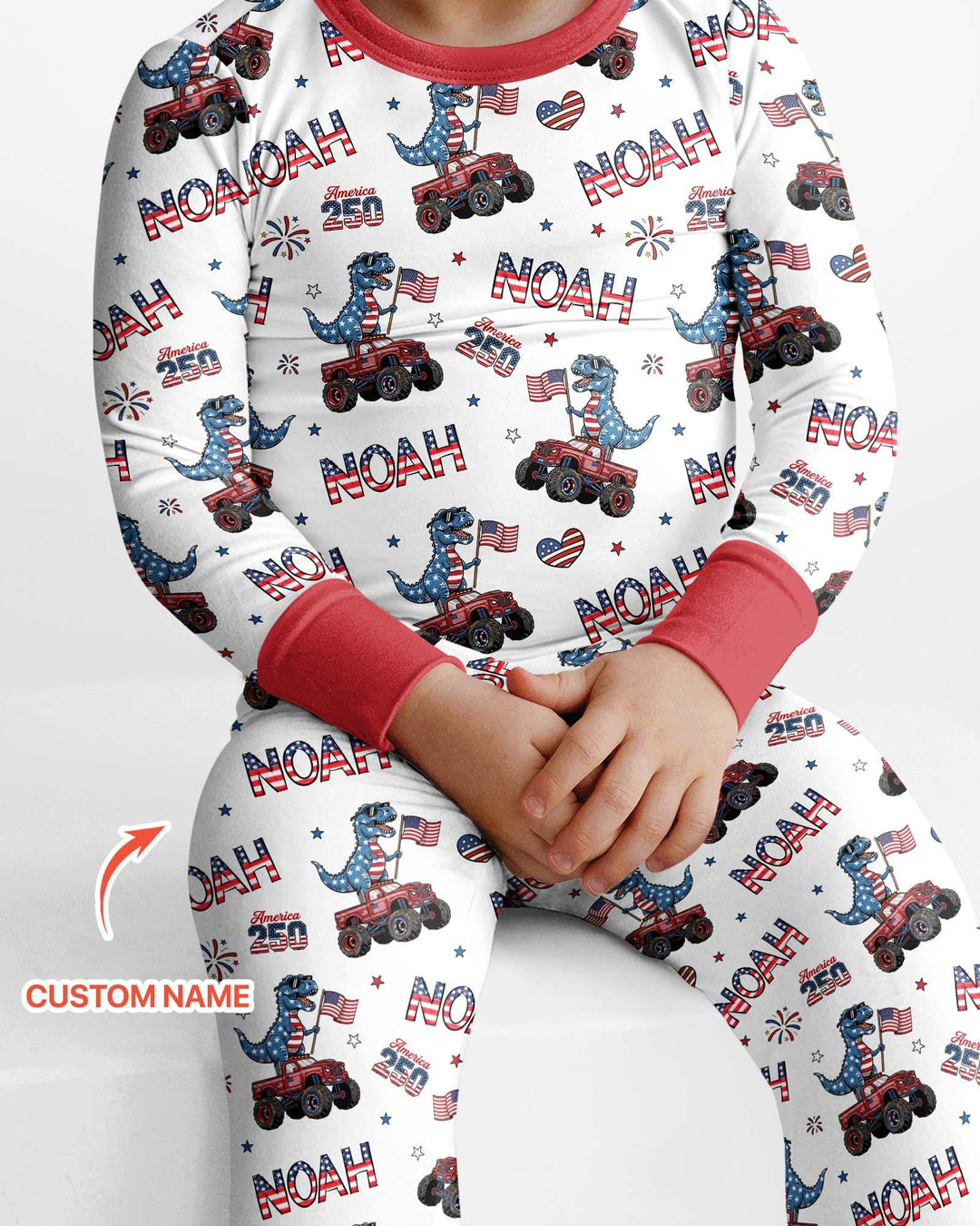 Custom Name American Flag Dinosaur Bamboo Two Piece Long Sleeve Pajama Set