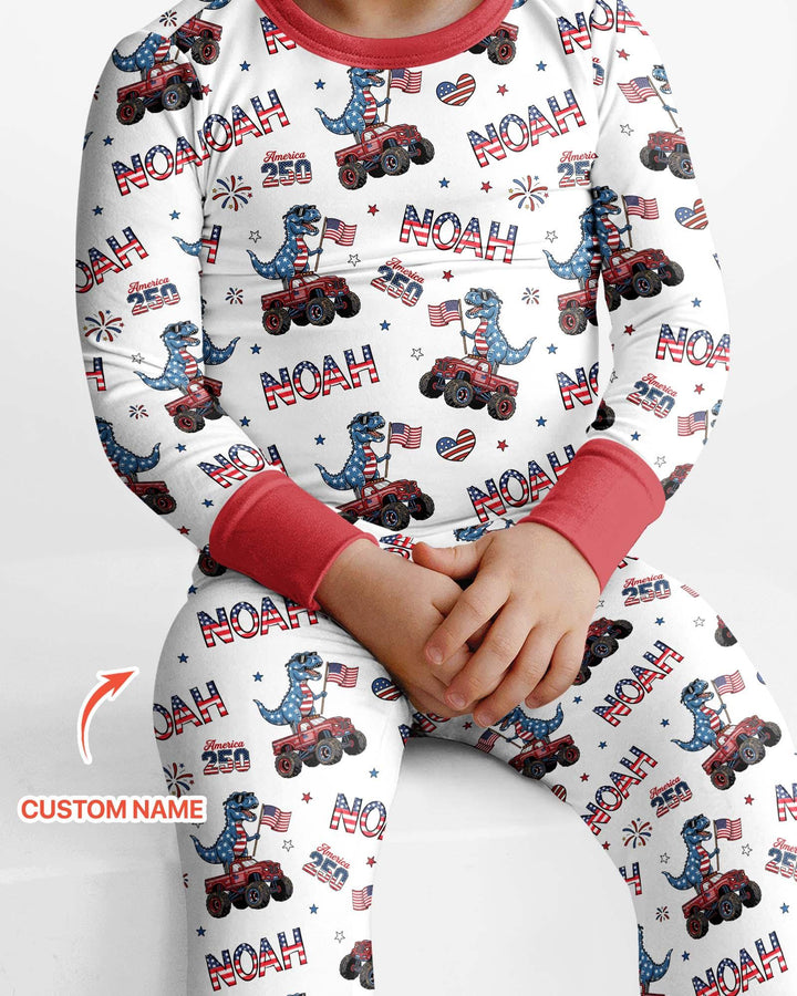 Custom Name American Flag Dinosaur Bamboo Two Piece Long Sleeve Pajama Set