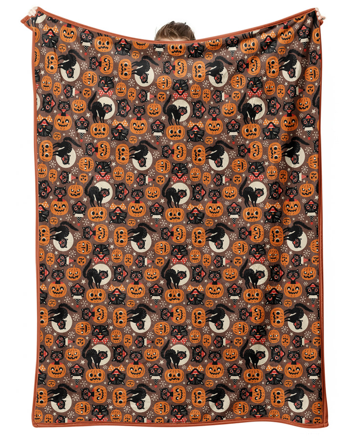 Vintage Halloween Black Cat Pumpkin Bamboo Blanket