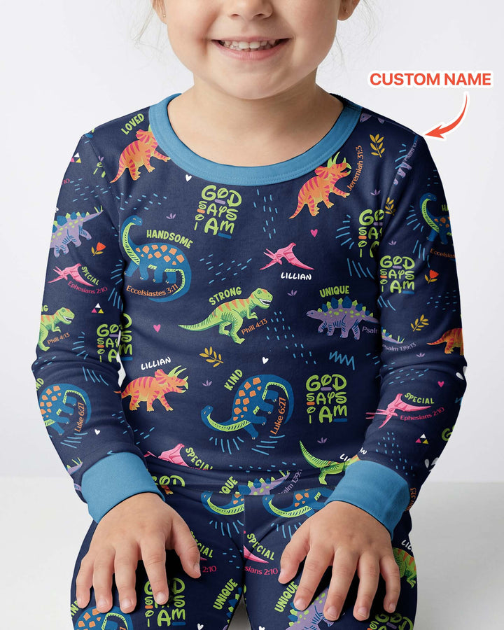 Custom Name God says I am Dinosaur Bamboo Two Piece Long Sleeve Pajama Set