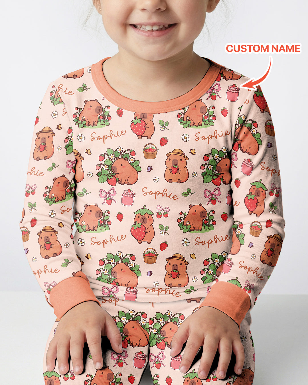 Custom Name Capybara Strawberry Bamboo Two Piece Long Sleeve Pajama Set