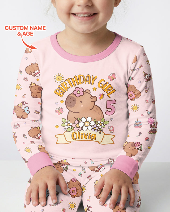 Personalized Capy Birthday Girl Bamboo Two Piece Long Sleeve Pajama Set