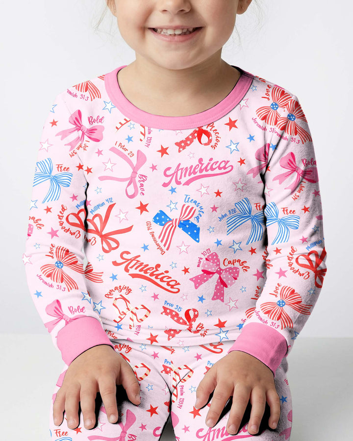 Pink Girly Patriotic Bamboo Two Piece Long Sleeve Pajama Set