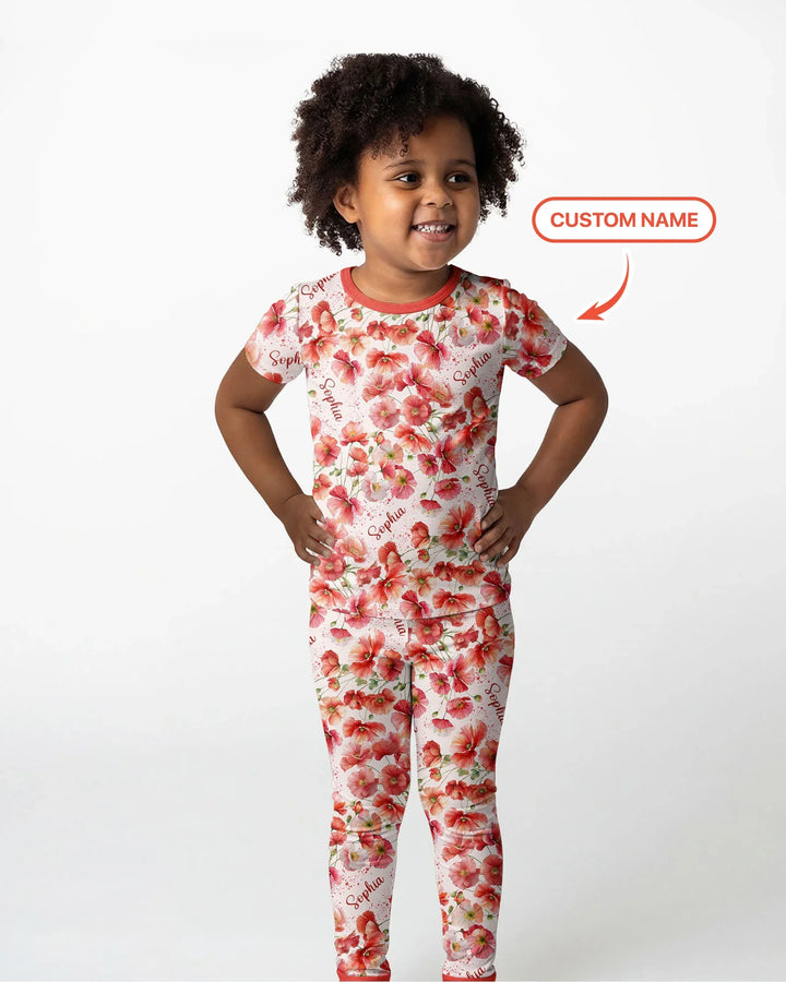 Custom Name Birth Month Flowers Bamboo Two Piece Short Sleeve Pajama Set