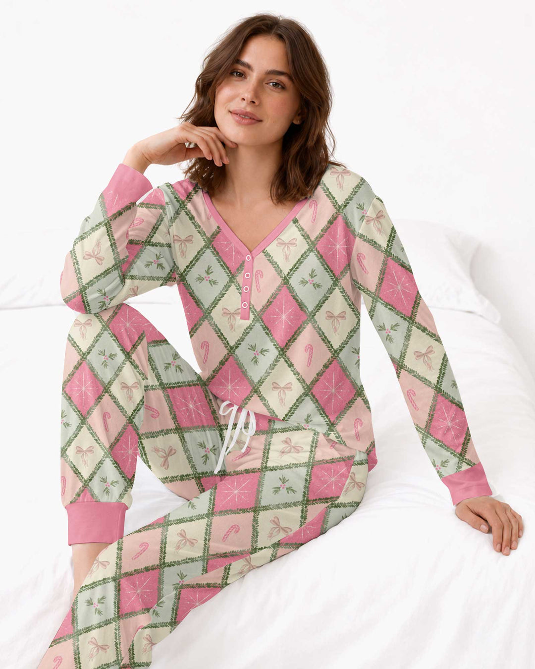 Pink Christmas Patchwork Mommy & Me Matching Bamboo Women Pajama Set