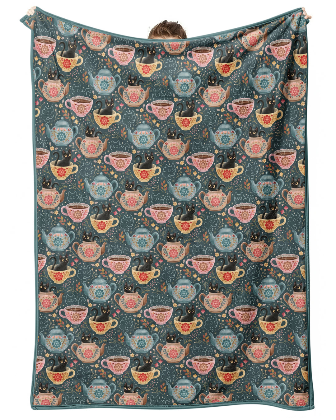 Folk Floral Black Cat Tea Party Bamboo Blanket
