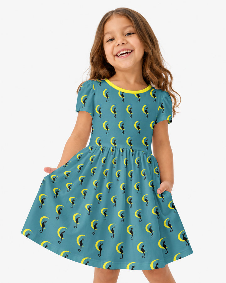 Black Cat Crescent Moon Celestial Night Bamboo Twirl Dress