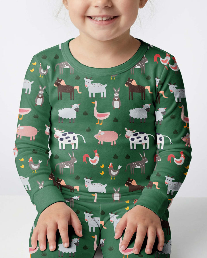 Green Farm Animals Bamboo Two Piece Pajama Set