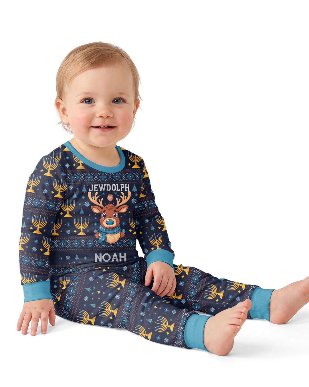 Custom Name Jewdolph Hanukkah Bamboo Two Piece Long Sleeve Pajama Set