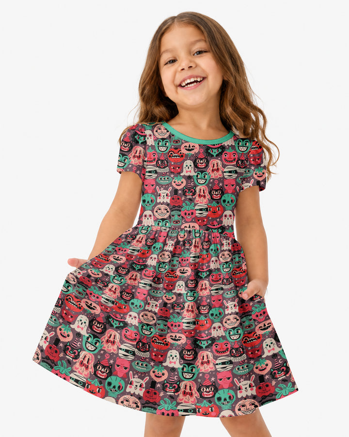 Retro Halloween Monsters Ghost Pumpkin Mummy Bamboo Twirl Dress