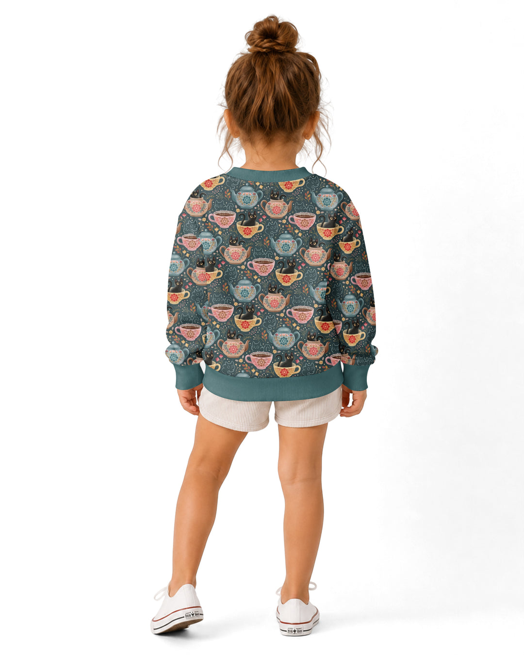 Folk Floral Black Cat Tea Party Bamboo Crewneck Sweatshirt