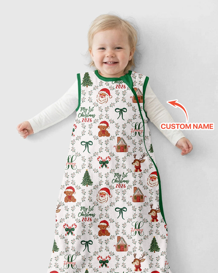 Custom name "Fancy Monogram Green Christmas 2026" Bamboo Sleep Bag