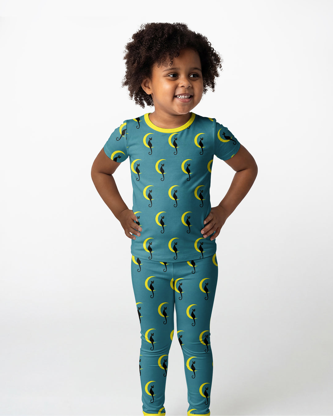 Black Cat Crescent Moon Celestial Night Bamboo Two Piece Short Sleeve Pajama Set