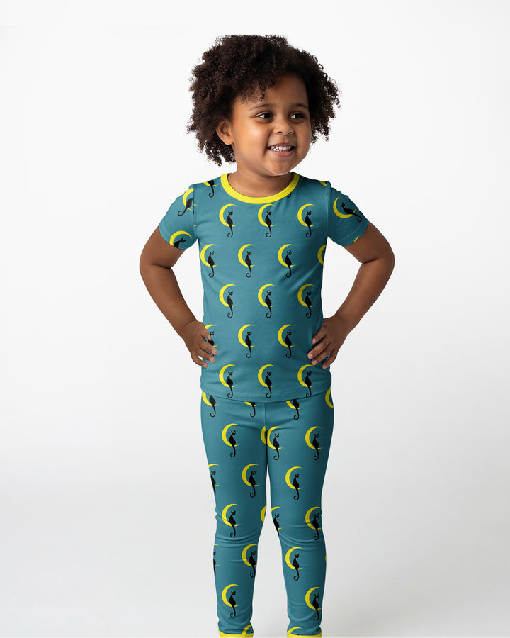Black Cat Crescent Moon Celestial Night Bamboo Two Piece Short Sleeve Pajama Set