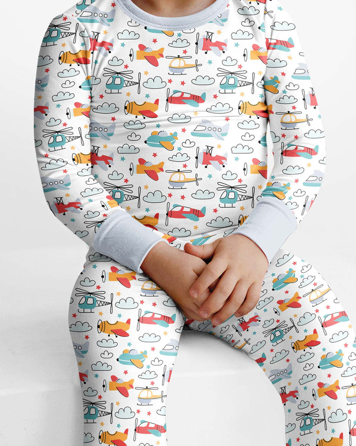 Aviones y helicópteros conjunto de pijama de dos piezas de bambú