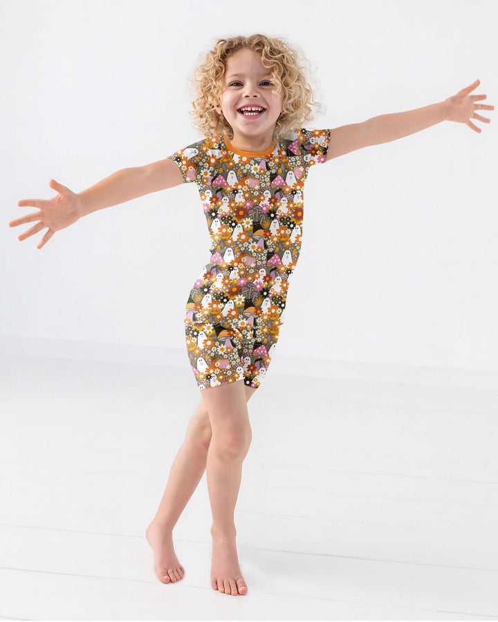 Retro Ghost Mushroom Floral Halloween Bamboo Two Piece Short Sleeve Shorts Pajama Set