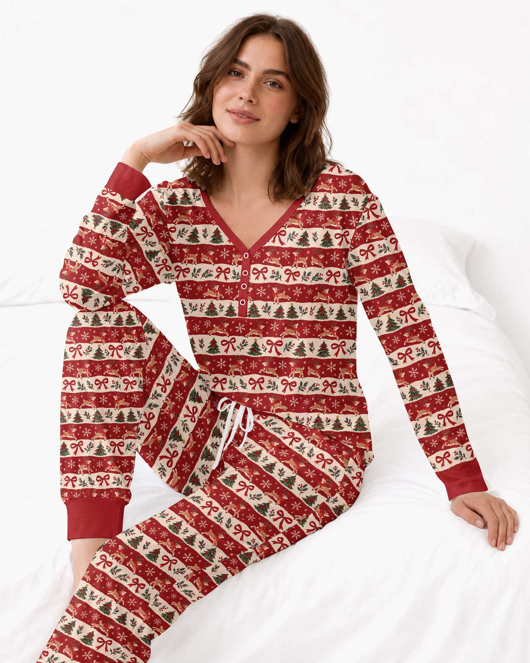 Vintage Reindeer Christmas Stripes Bamboo Women Pajama Set