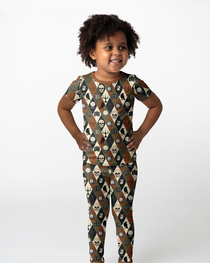 Retro Gothic Halloween Patchwork Bamboo Two Piece Short Sleeve Pajama Set
