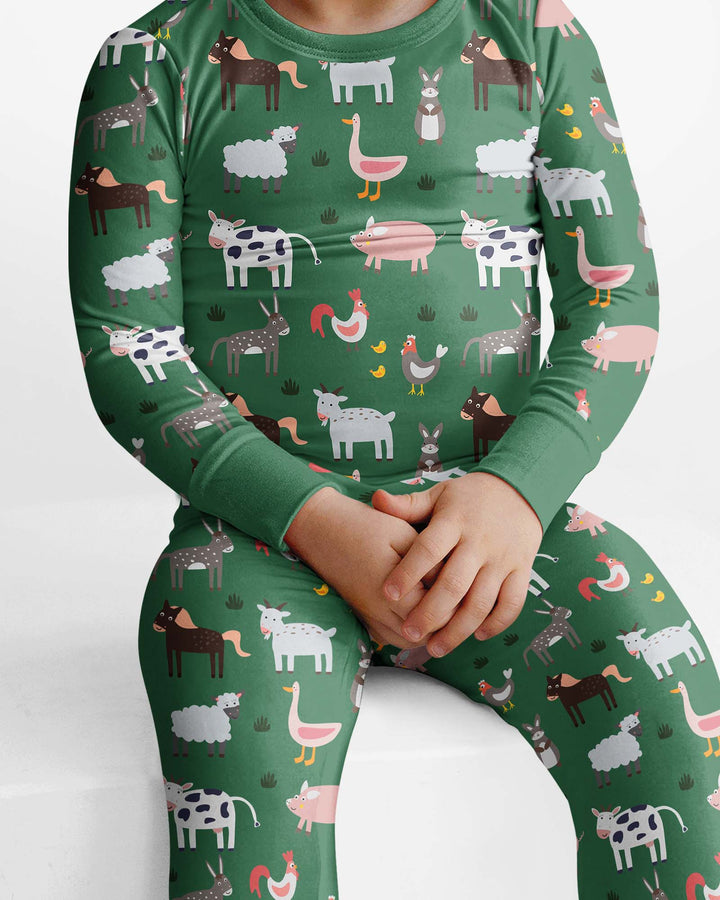 Green Farm Animals Bamboo Two Piece Pajama Set