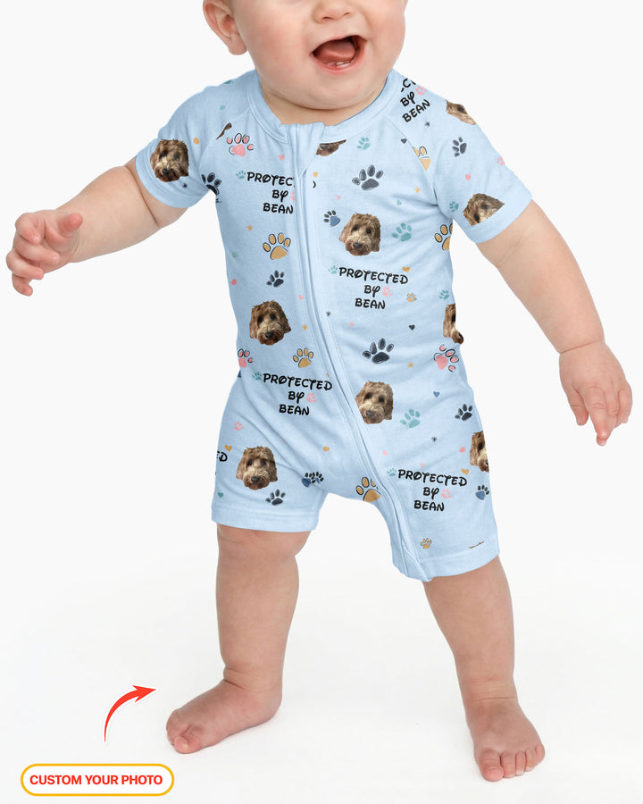 Custom Dog Photo Pattern "Protected By" Bamboo Shorty Zippered Romper