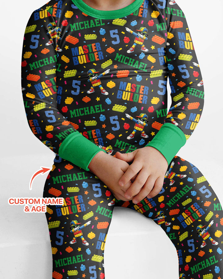Custom Name and Age Master Builder Birthday Bamboo Two Piece Long Sleeve Pajama Set