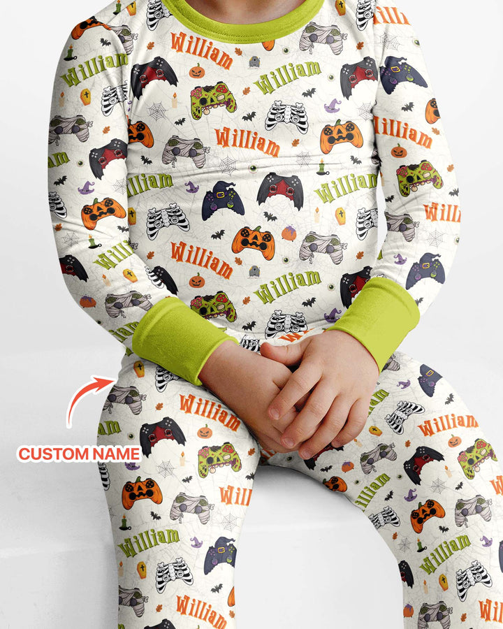 Custom Name Halloween Gaming Controllers Bamboo Two Piece Long Sleeve Pajama Set