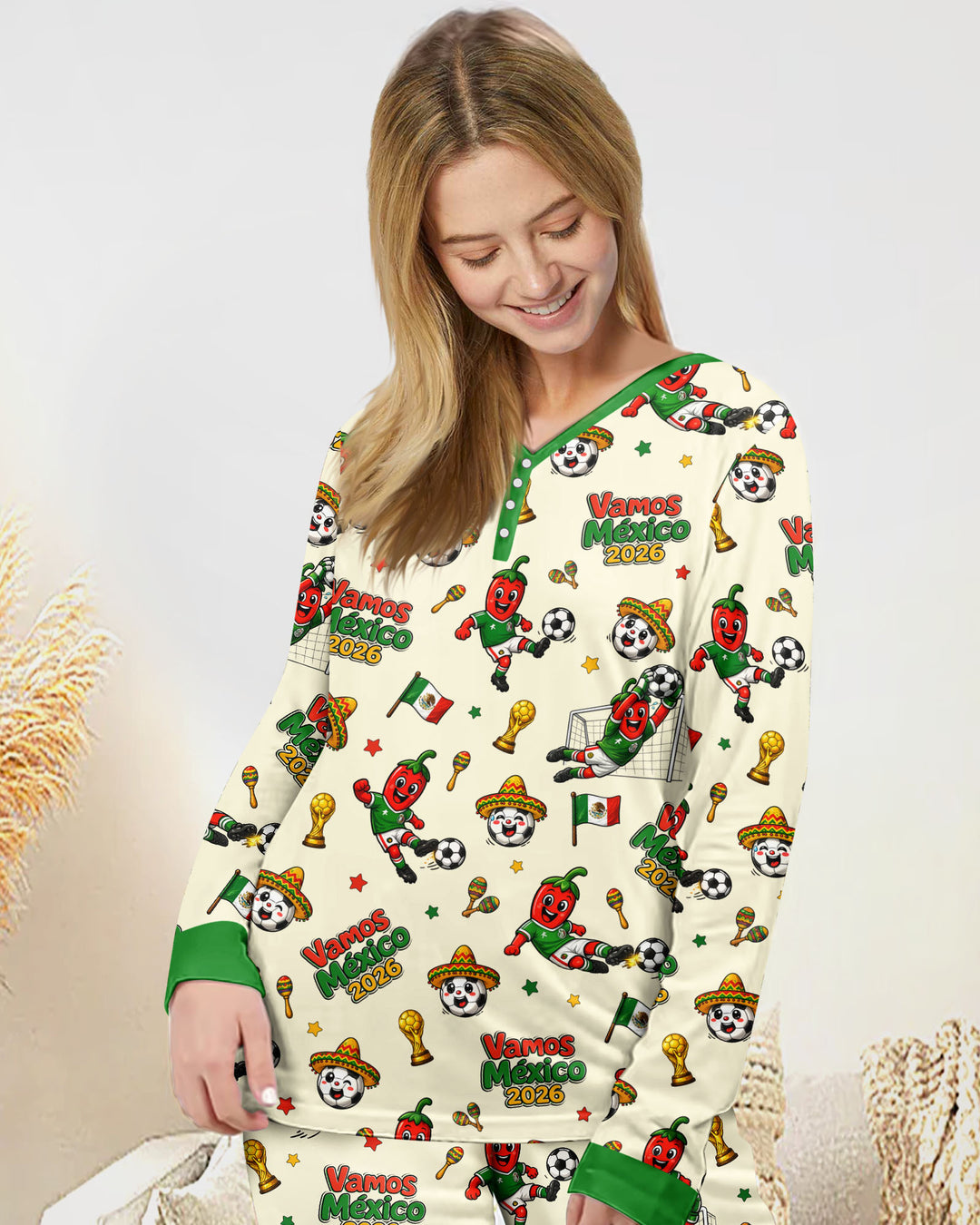 Cartoon World Soccer Vamos Mexico Family Matching Bamboo Women Pajama Set
