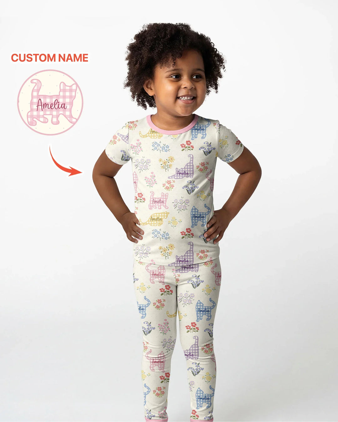Gingham Cats Custom Name Bamboo Two Piece Short Sleeve Pajama Set
