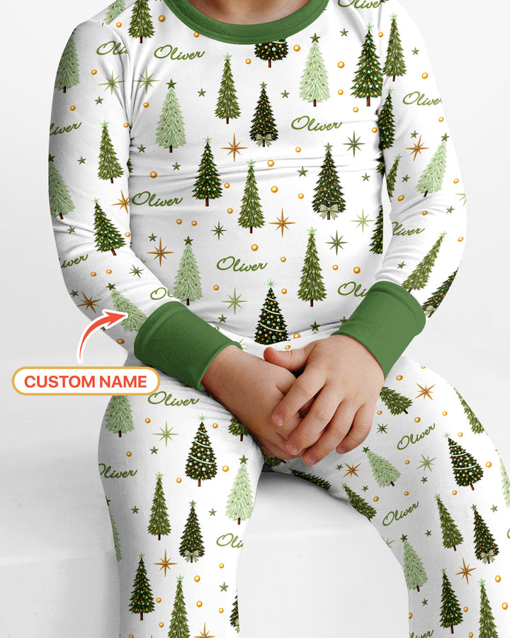 Custom Name Merry Christmas Tree Bamboo Two Piece Long Sleeve Pajama Set