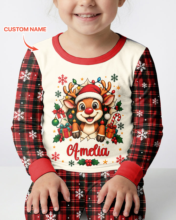 Cute Reindeer in Santa Hat Bamboo Two Piece Long Sleeve Pajama Set