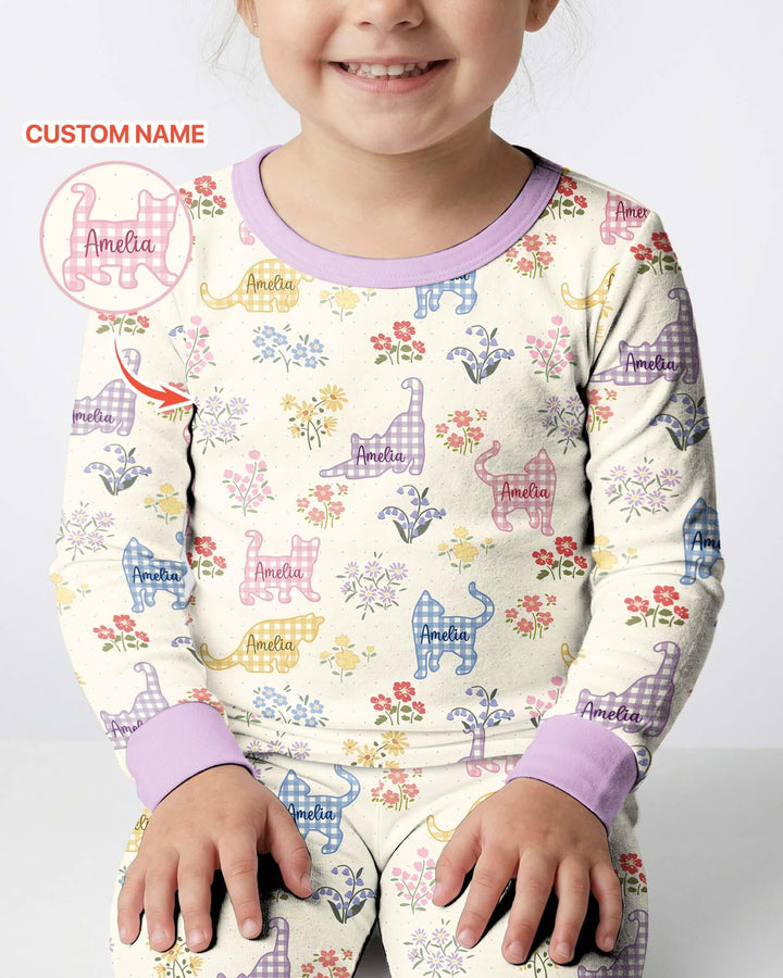 Gingham Cats Custom Name Bamboo Two Piece Long Sleeve Pajama Set