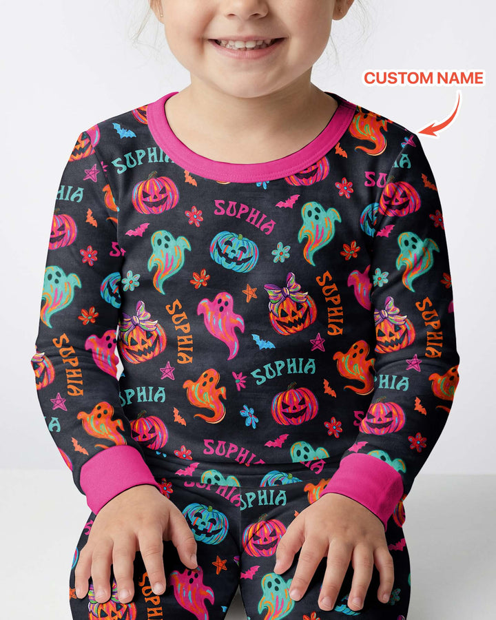 Custom Name Preppy Neon Pumpkin Bamboo Two Piece Long Sleeve Pajama Set