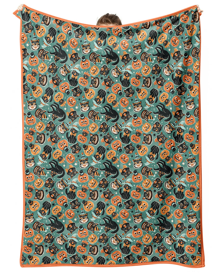 Retro Black Cat Witch Pumpkin Halloween Bamboo Blanket