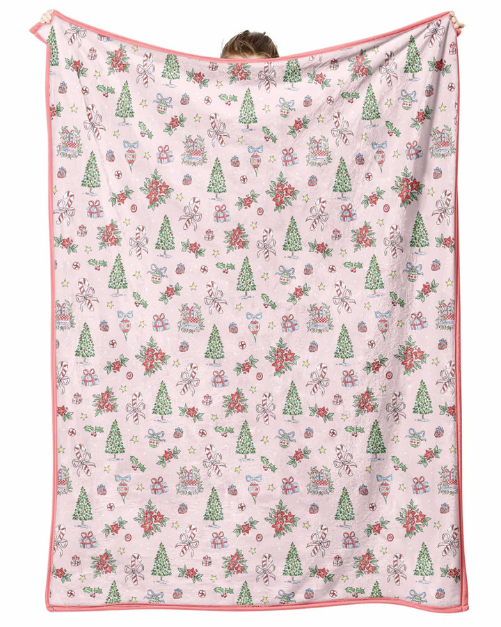 Watercolor Pink Christmas Holidays Christmas Tree Gifts Candy Cane Bamboo Blanket