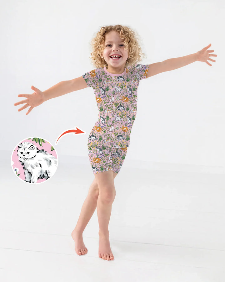 Pijama de dos piezas de bambú de manga corta y pantalón corto a juego para la familia de Kitten Garden