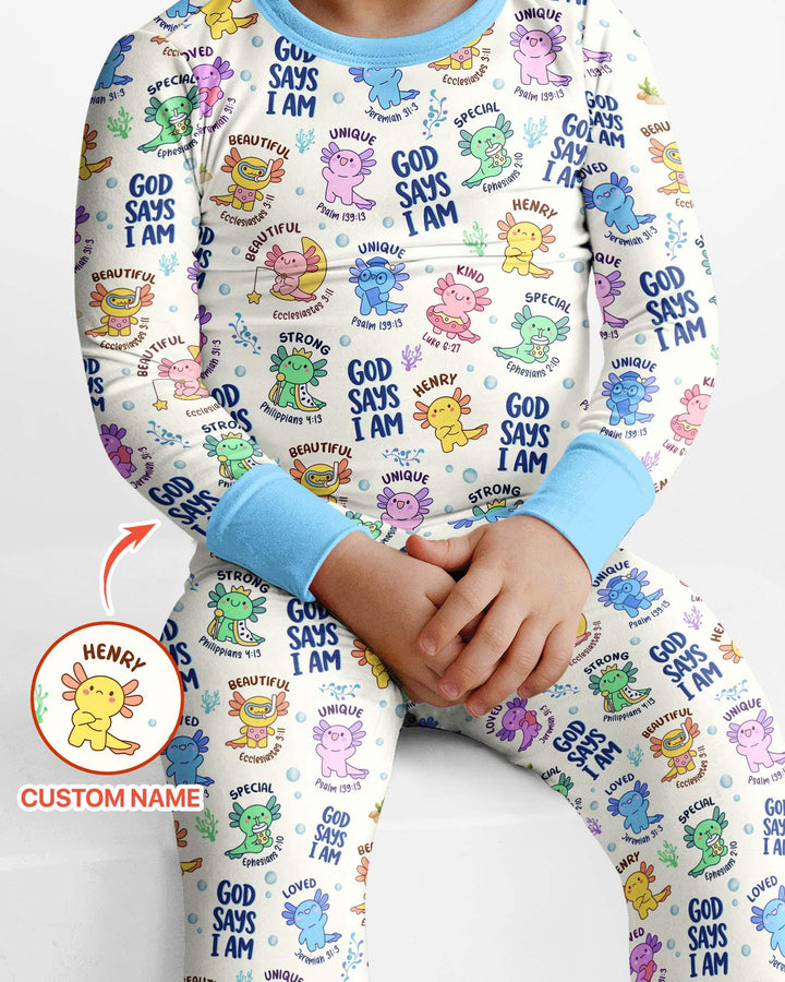 Axolotl God Says I Am Custom Name Bamboo Two Piece Long Sleeve Pajama Set