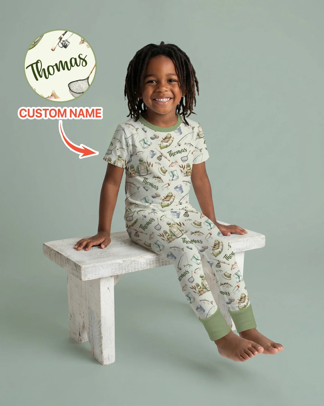 Custom Name Fishing Day Daddy & Me Matching Bamboo Two Piece Short Sleeve Pajama Set