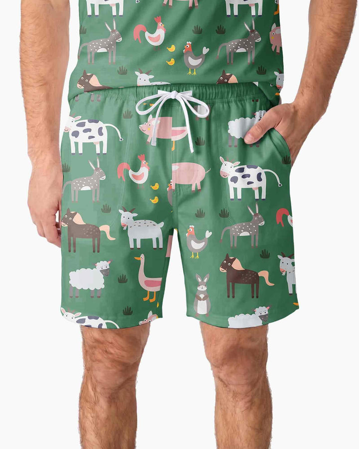 Green farm animals Bamboo Men Short Sleeve Short Pajama Set