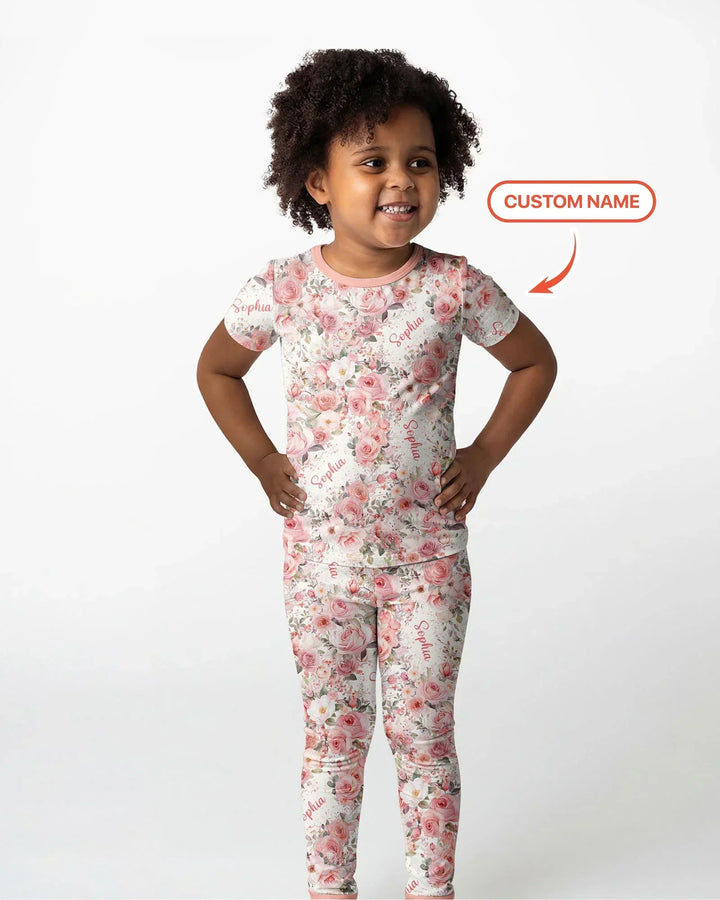 Custom Name Birth Month Flowers Bamboo Two Piece Short Sleeve Pajama Set