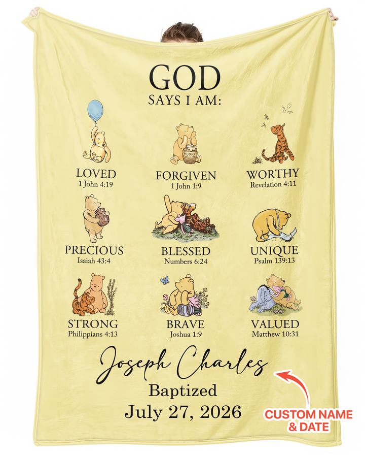 Personalized Baptism Classic Bear Bible Verses Bamboo Blanket