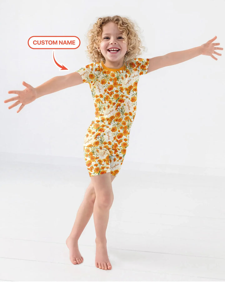 Custom Name Birth Month Flowers Bamboo Two Piece Short Sleeve Shorts Pajama Set
