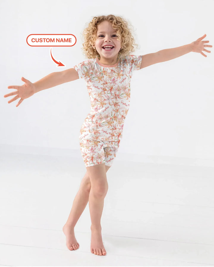 Custom Name Birth Month Flowers Bamboo Two Piece Short Sleeve Shorts Pajama Set