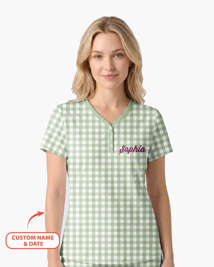 Embroidered Seersucker Bamboo Women Short Sleeve Short Pajama Set
